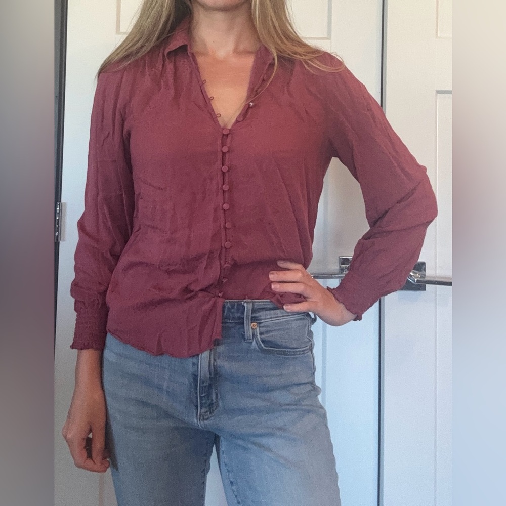 Express Purple Ruffled Buttoned Blouse - Picture 2 of 5